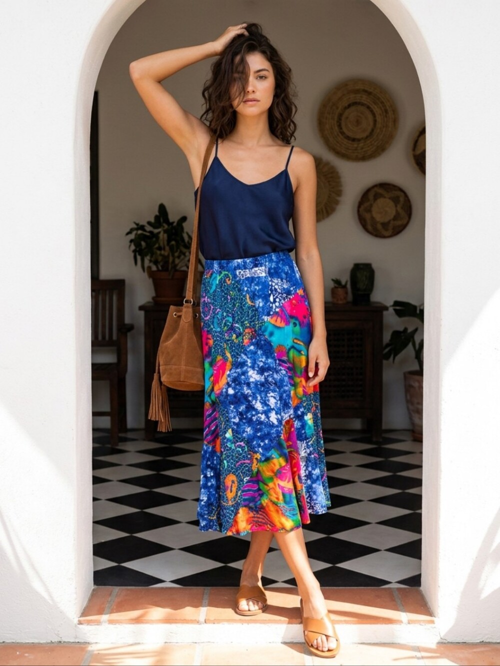Vintage Carol Little Sport Boho Patchwork Midi Skirt - Multicolor Blue Print L